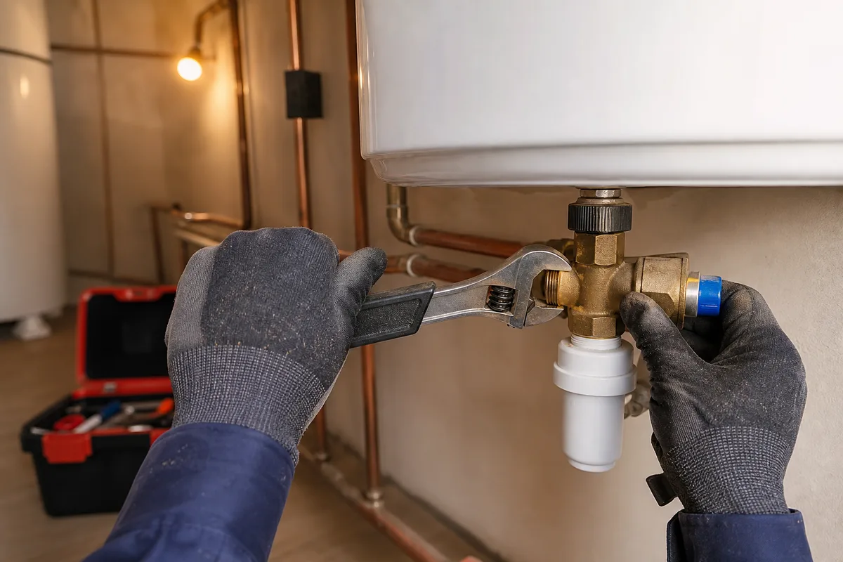 Mains d’un plombier contrôlant le groupe de sécurité d’un chauffe-eau dans un cellier de pavillon