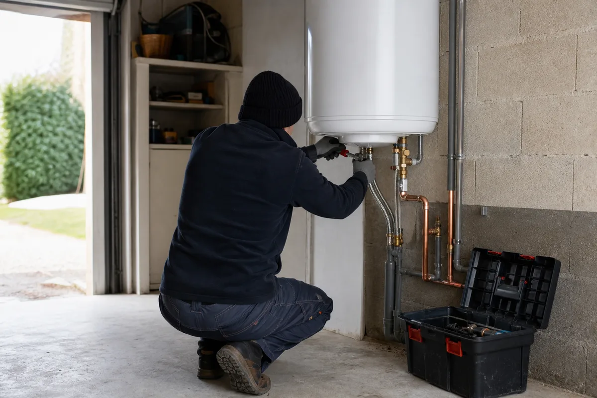 Chauffe-eau électrique neuf installé dans le cellier d’un pavillon de Seine-et-Marne