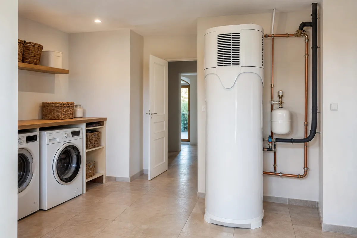 Chauffe-eau thermodynamique installé dans le cellier d’une maison briarde