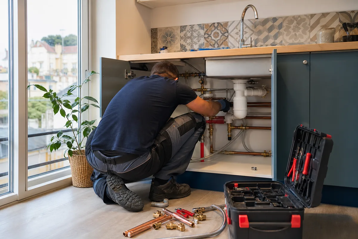 Plombier au travail sur une installation sanitaire en Seine-et-Marne