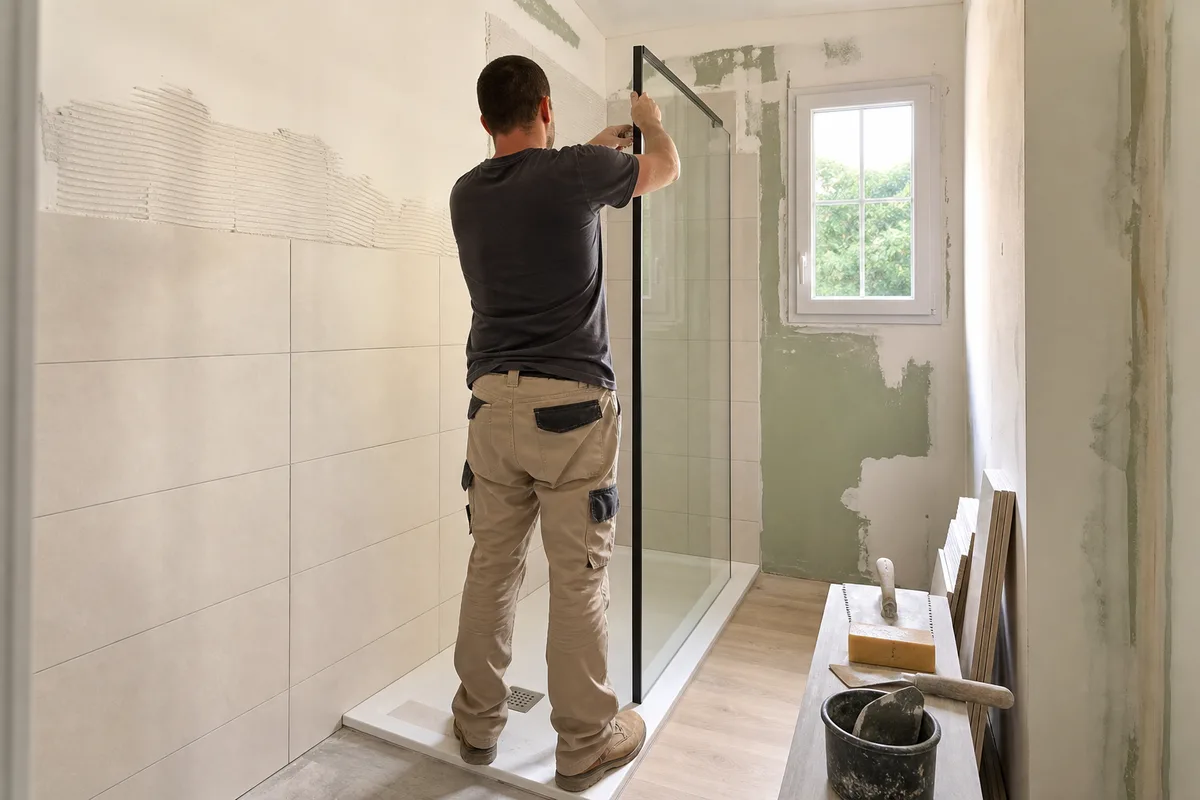 Douche à l&rsquo;italienne en cours de pose dans une salle d&rsquo;eau rénovée de pavillon briard
