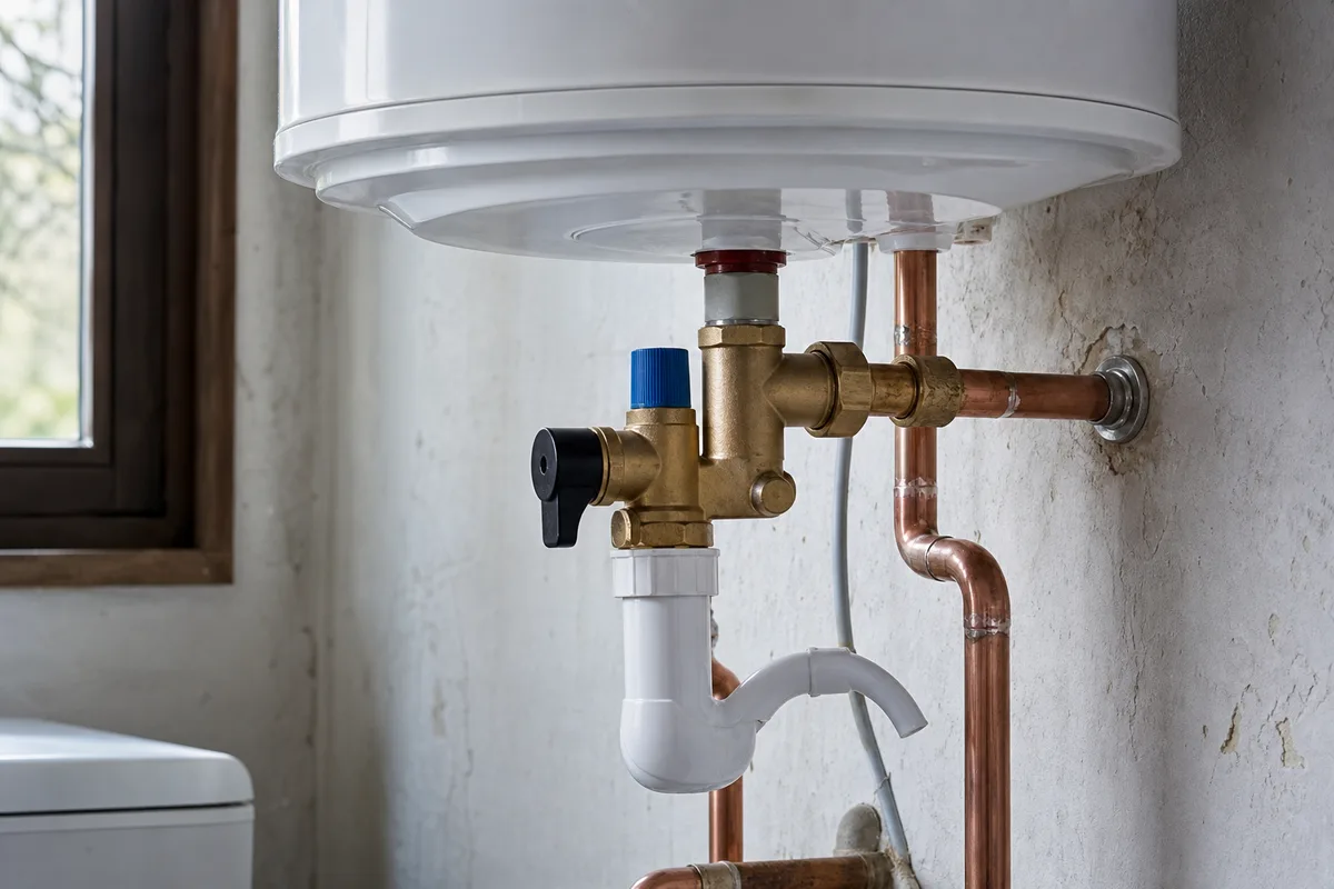 Groupe de sécurité neuf en laiton installé sous un chauffe-eau électrique, tuyauterie cuivre apparente