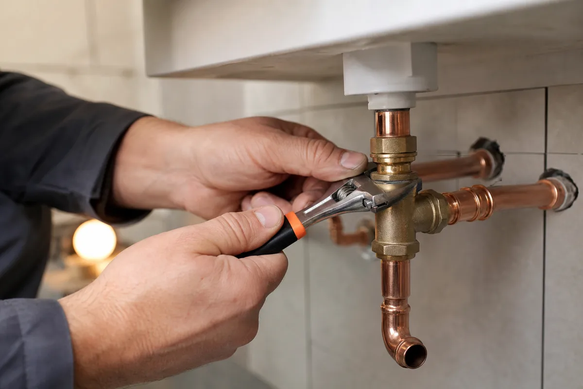 Mains d’un artisan ajustant des raccords en cuivre neufs lors d’une rénovation de salle de bain