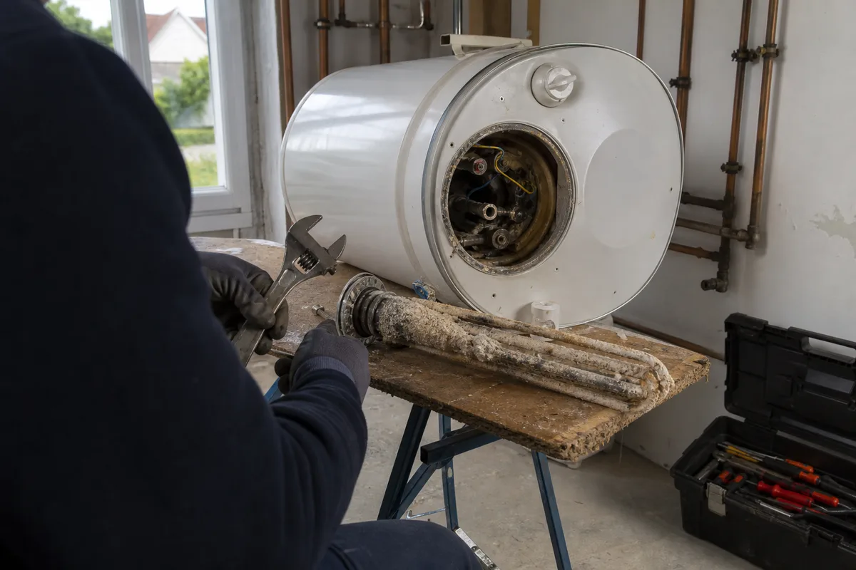 Ballon d’eau chaude entartré et outillage de plombier dans un garage de pavillon