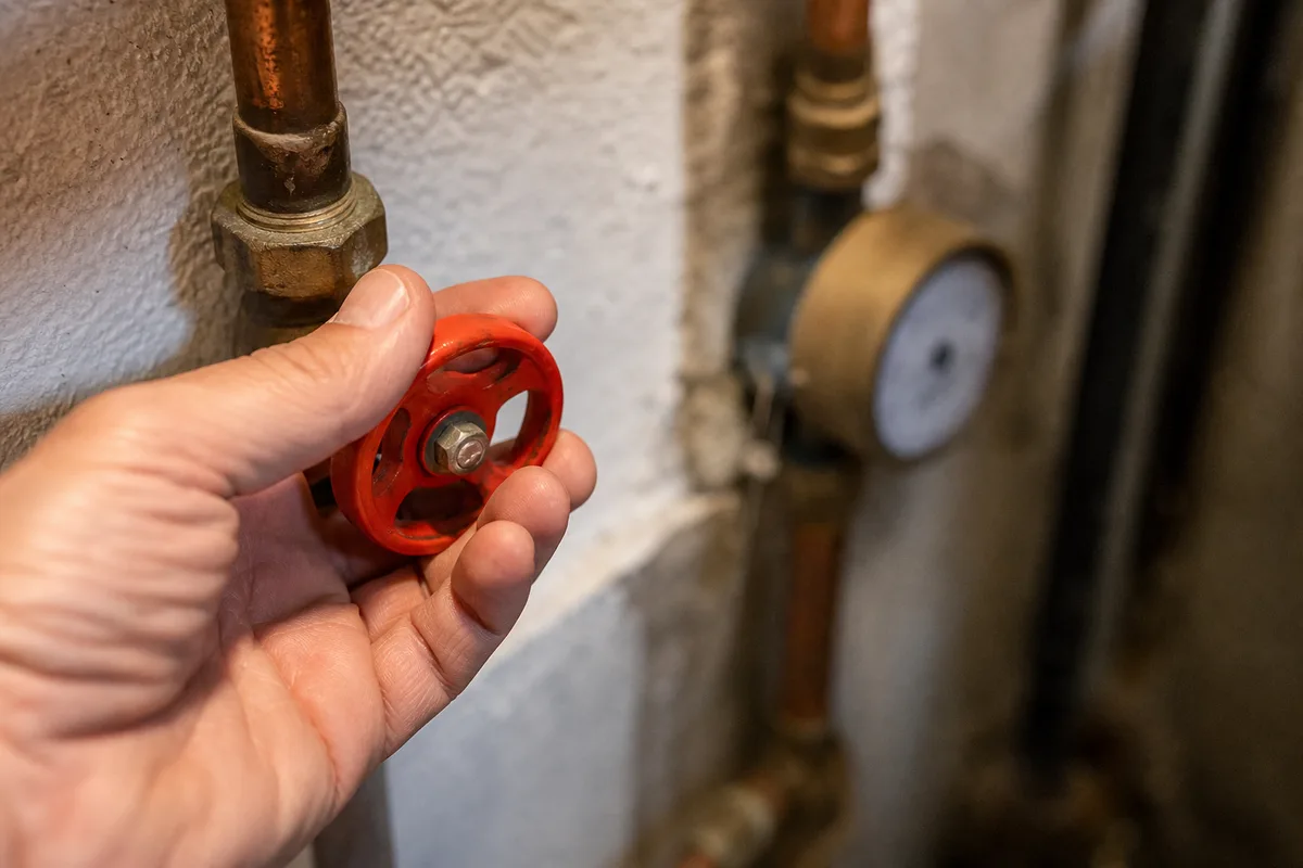 Relevé de compteur d&rsquo;eau et vanne d&rsquo;arrêt dans le sous-sol d&rsquo;une maison briarde